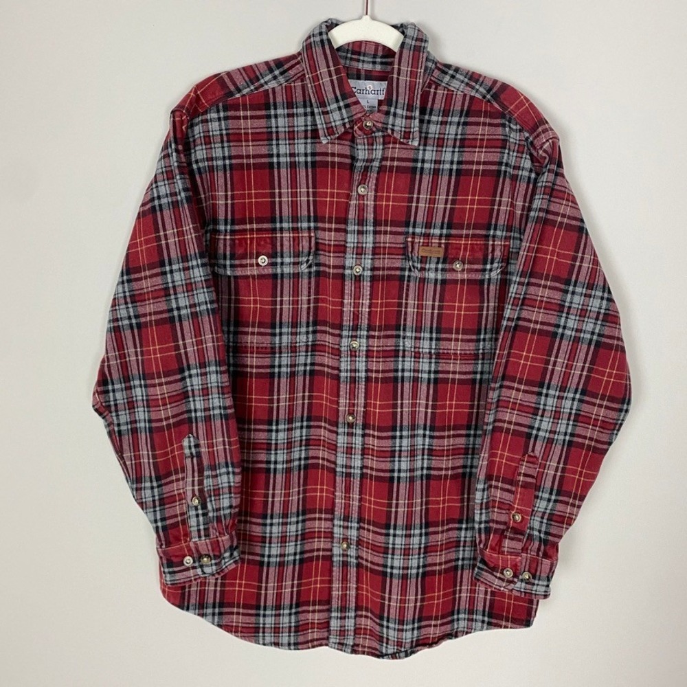 Carhartt Mens Heavy‎ Plaid Flannel Shirt Red Cotton Long Sleeve Large Country